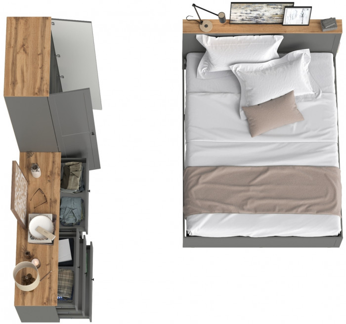 Остин 11.53 Кровать + ортопед + 16.307 Шкаф + 16.240 Комод, серый графит/дуб крафт золотой