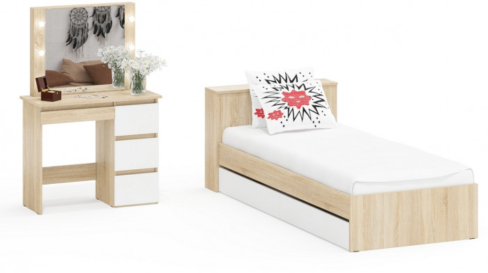 Ксения Кровать с ящиками 0900 + Стол косметический с подсветкой Сура, дуб сонома/белый