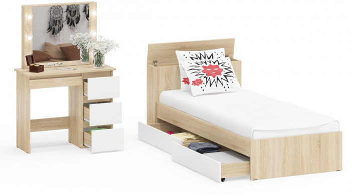Ксения Кровать с ящиками 0900 + Стол косметический с подсветкой Сура, дуб сонома/белый