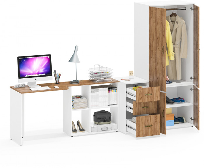 Лидер-8 Стол + Тумба МД 3.16 + Шкаф МД 19Б, белый шагрень/крафт золото