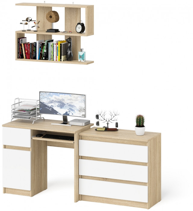 Мори компьютерный стол МС-1 левый + Комод МК800.1 + Полка 900, дуб сонома/белый