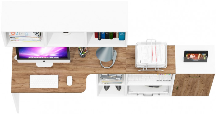 Лидер-8 Стол + Полка + Тумба МД 3.15, цвет белый шагрень/крафт золото, ШхГхВ 205х50/30х75/190 или 115х50/120х75/190 см., НЕ универсальная сборка