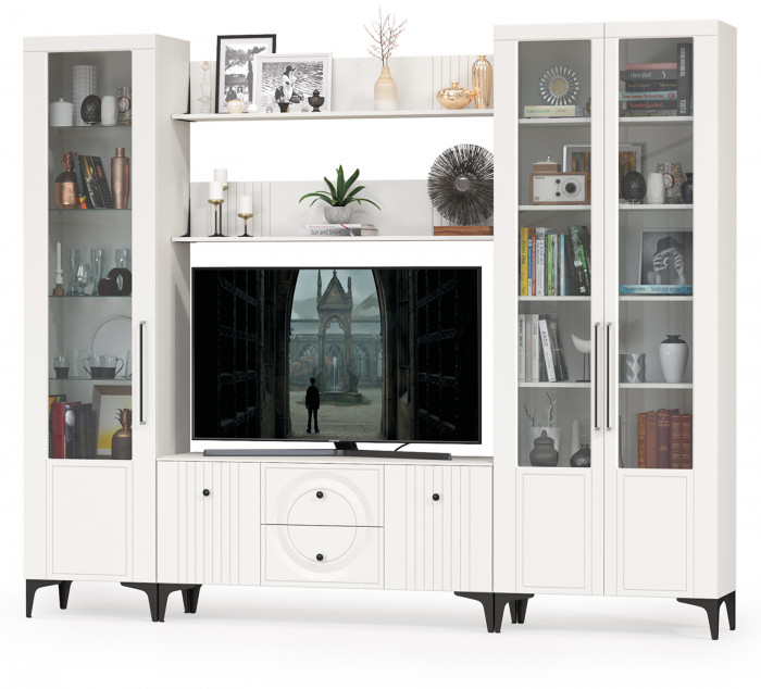 Валенсия Гостиная № 061, цвет ЛДСП белый шагрень/МДФ белый шагрень, ШхГхВ 272,2х38,3х225,2 см., ниша для ТВ 133х38х117 см., универсальная сборка