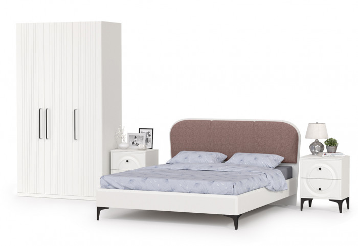 Валенсия Спальня № 34, цвет ЛДСП белый шагрень/МДФ белый шагрень/ткань велутто 19, ортопед есть, сп. м. 1600х2000 мм., б/м
