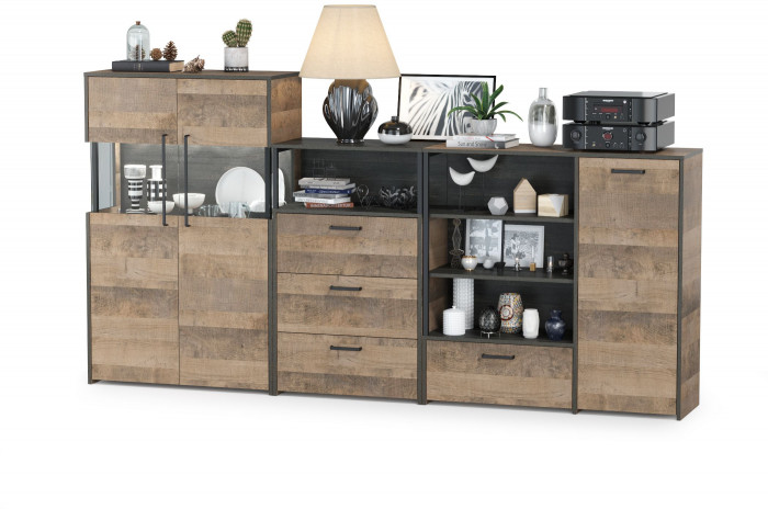 Трувор 13.307.01 Комод + 13.306 Комод с витриной + 13.307.02 Комод с ящиками, цвет дуб гранж песочный/интра, ШхГхВ 260,8х37х135,3 см., ун. сборка