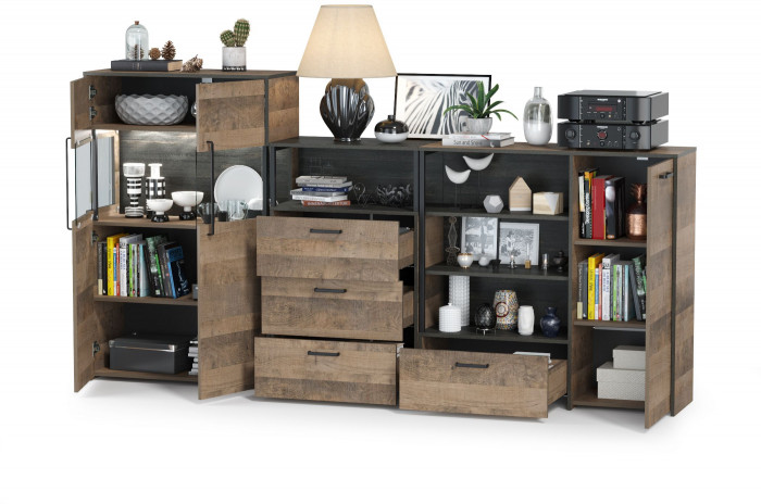 Трувор 13.307.01 Комод + 13.306 Комод с витриной + 13.307.02 Комод с ящиками, цвет дуб гранж песочный/интра, ШхГхВ 260,8х37х135,3 см., ун. сборка