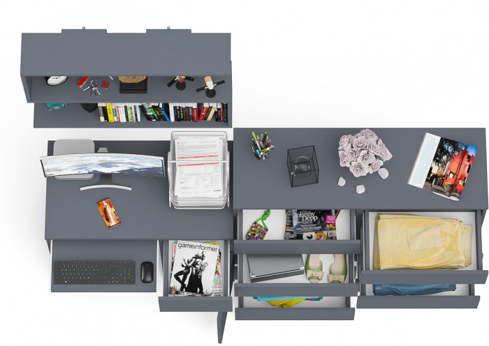 Мори Стол компьютерный МС-1 правый + Комод МК1200.8 + Полка 900, цвет графит, ШхГхВ 210,4х50х209,6 см., НЕ универсальная сборка