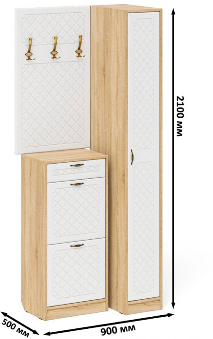 Прихожая П-6 Компоновка № 44, цвет дуб сонома/фасады МДФ белое дерево фрезеровка ромб, ШхГхВ 90х50х210 см., универсальная сборка