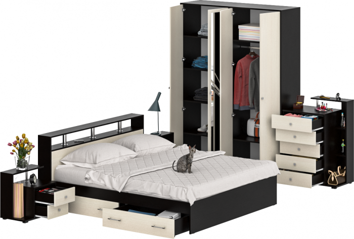 Камелия спальня № 11 Кровать с ящиками 1800 + Две тумбы + Комод + Шкаф 4-х створчатый, венге/дуб лоредо