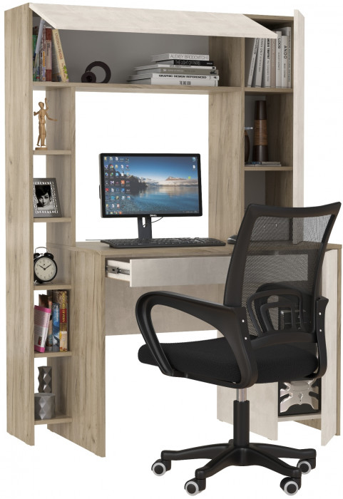 КР100 Стол компьютерный Комфорт 12.71 + кресло 103 чёрное, цвет дуб крафт серый/шёлковый камень, ШхГхВ 116,7х60,2х165,4 см., НЕ универсальная сборка