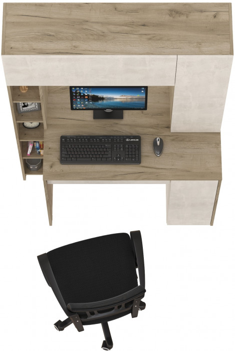КР100 Стол компьютерный Комфорт 12.71 + кресло 103 чёрное, цвет дуб крафт серый/шёлковый камень, ШхГхВ 116,7х60,2х165,4 см., НЕ универсальная сборка