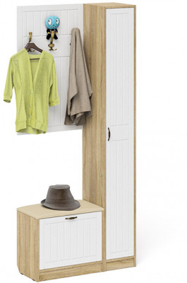 Прихожая П-6 Компоновка № 21, цвет дуб сонома/фасады МДФ белое дерево фрезеровка прованс, ШхГхВ 90х35х210 см., универсальная сборка