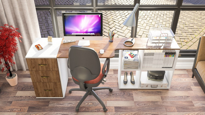 Лидер-8 Стол + Тумба МД 3.16, белый шагрень/крафт золото