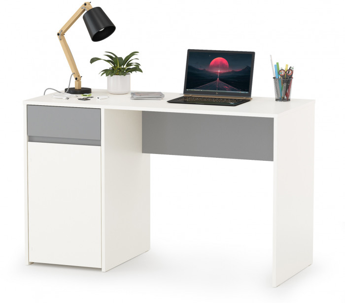 Торонто 12.149 Стол + 16.475 Полка, цвет белый шагрень/стальной серый, ШхГхВ 120х53,1х150 см., универсальная сборка