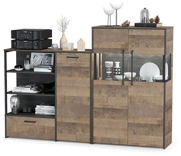 Трувор 13.307.01 Комод + 13.306 Комод с витриной, цвет дуб гранж песочный/интра, ШхГхВ 194,8х37х135,3 см., универсальная сборка