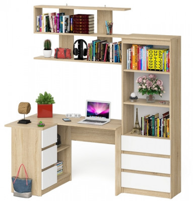 Мори компьютерный стол МС-16 левый + Стеллаж МСТ600.3 + Полка 1200, дуб сонома/белый