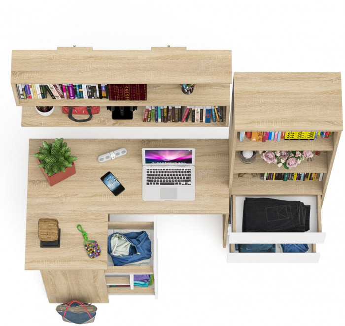 Мори компьютерный стол МС-16 левый + Стеллаж МСТ600.3 + Полка 1200, дуб сонома/белый