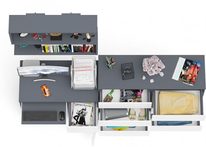 Мори Стол компьютерный МС-1 правый + Комод МК1200.8 + Полка 900, цвет графит/белый, ШхГхВ 210,4х50х209,6 см., НЕ универсальная сборка