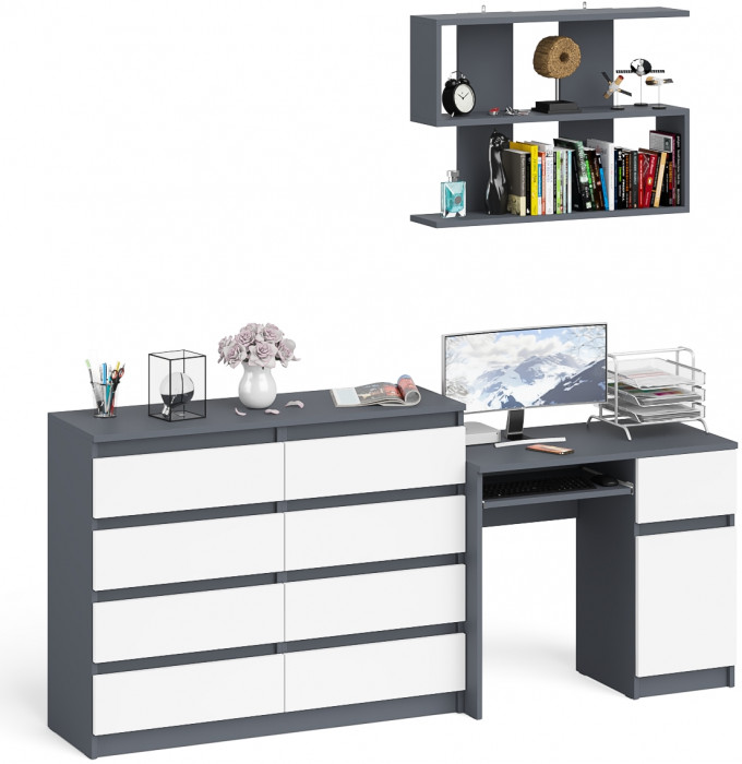 Мори Стол компьютерный МС-1 правый + Комод МК1200.8 + Полка 900, цвет графит/белый, ШхГхВ 210,4х50х209,6 см., НЕ универсальная сборка
