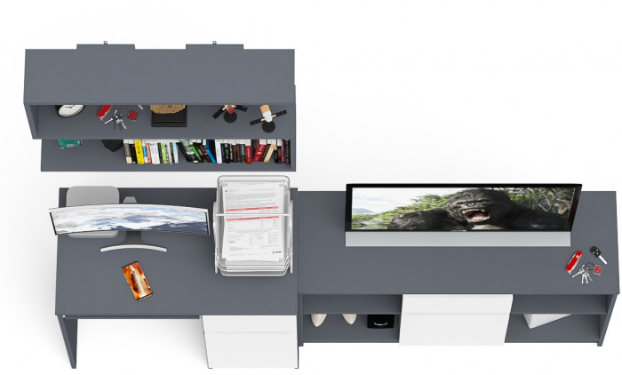 Мори Стол компьютерный МС-1 правый + Тумба МТВ1204.1 + Полка 900, цвет графит/белый, ШхГхВ 210,4х50х209,6 см., НЕ универсальная сборка