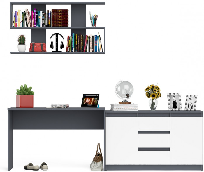 Мори Стол письменный МСП1200.1 + Комод МК1200.3 + Полка 1200, цвет графит/белый, ШхГхВ 240,8х50х209,6 см., универсальная сборка