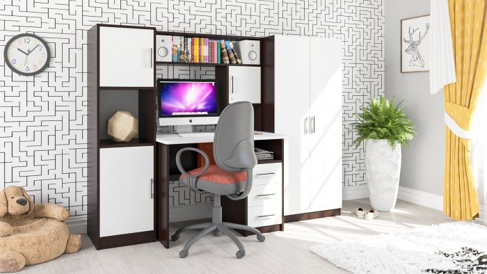 компьютерный стол С-МД-СК9+Пенал С-МД-СК9П+Шкаф С-МД-СК9Ш, венге/белый шагрень