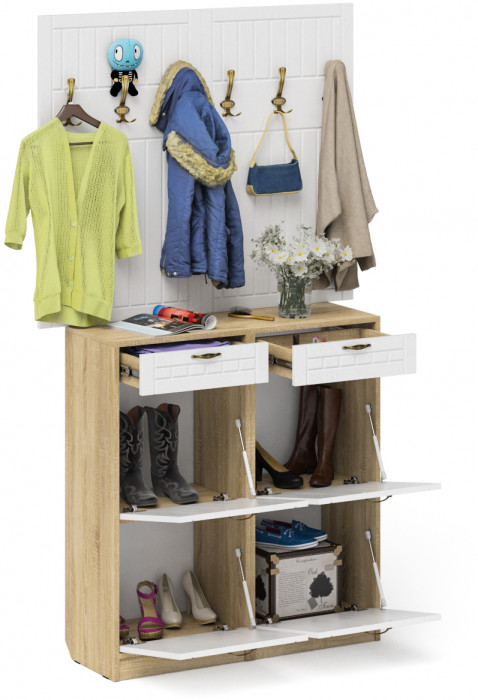 Прихожая П-6 Компоновка № 04, цвет дуб сонома/фасады МДФ белое дерево фрезеровка прованс, ШхГхВ 120х35х200 см.