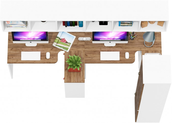 Лидер-8 Стол + Полка + Стол + Полка + Пенал МД 22Б, белый шагрень/крафт золото