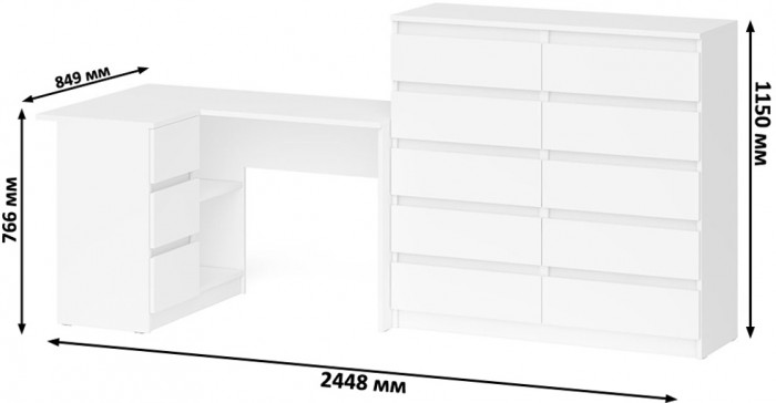Мори компьютерный стол МС-16 левый + Комод МК1200.10, белый