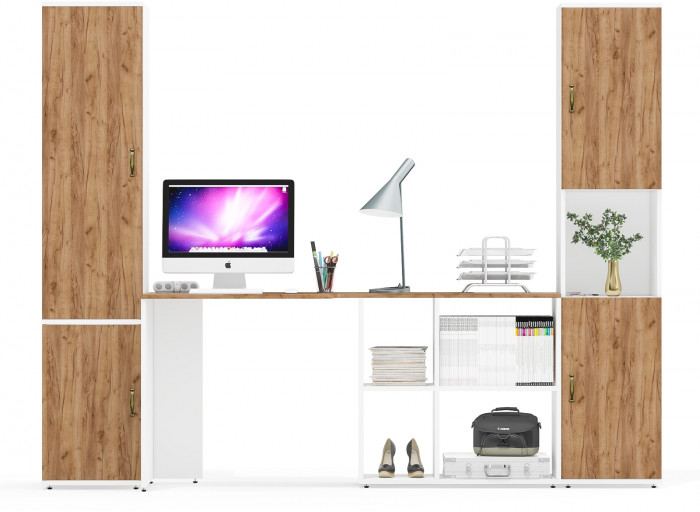 Лидер-8 Пенал МД 22Б + Стол + Пенал, цвет белый шагрень/крафт золото, ШхГхВ 245х50/37,5х75/190 или 155х120/50х75/190 см., НЕ универсальная сборка