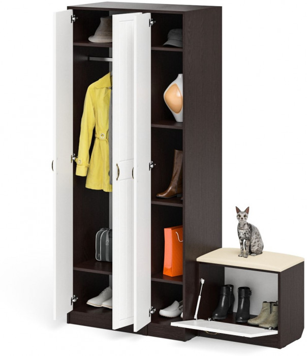 Прихожая П-6 Компоновка № 45, венге/фасады МДФ белое дерево фрезеровка прованс