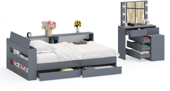 Ксения Кровать с ящиками 1200 + прикроватный блок + Столик с подсветкой 110, графит