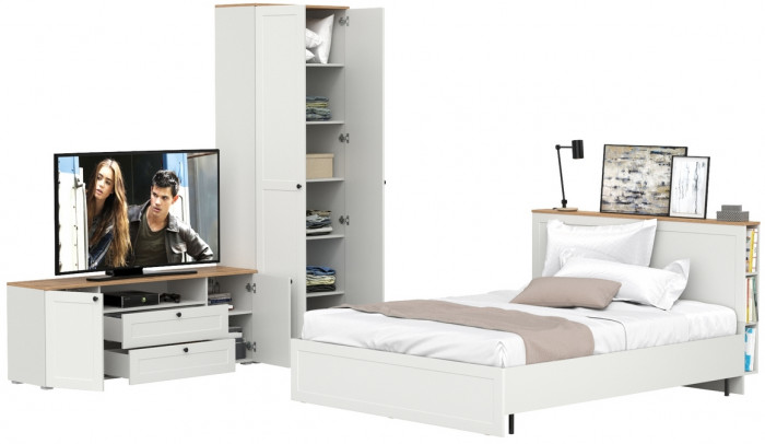 Остин 11.53 Кровать + ортопед + 16.307 Шкаф + 16.47 Тумба под ТВ, белый шагрень/дуб крафт золотой