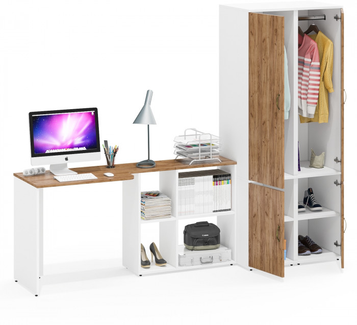 Лидер-8 Стол + Пенал МД 23Б + Пенал МД 23Б, цвет белый шагрень/крафт золото, ШхГхВ 245х50х75/190 или 115х160/50х75/190 см., НЕ ун. сборка