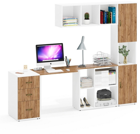 Лидер-8 Стол + Полка + Тумба МД 3.16 + Пенал, цвет белый шагрень/крафт золото, ШхГхВ 245х50/30х75/190 или 120х155/30х75/190 см., НЕ универс. сб.