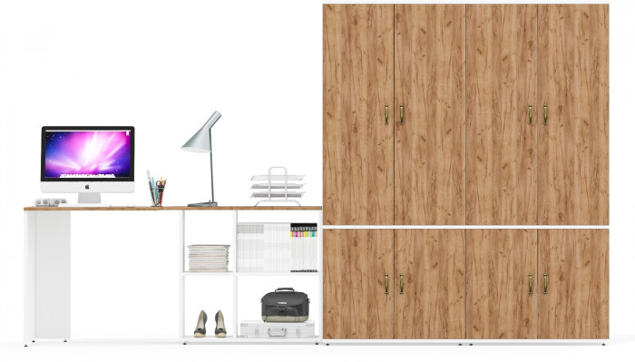 Лидер-8 Стол + Шкаф МД 20Б + Шкаф МД 20Б, белый шагрень/крафт золото