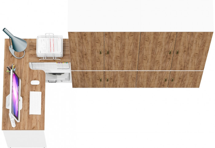 Лидер-8 Стол + Шкаф МД 20Б + Шкаф МД 20Б, белый шагрень/крафт золото