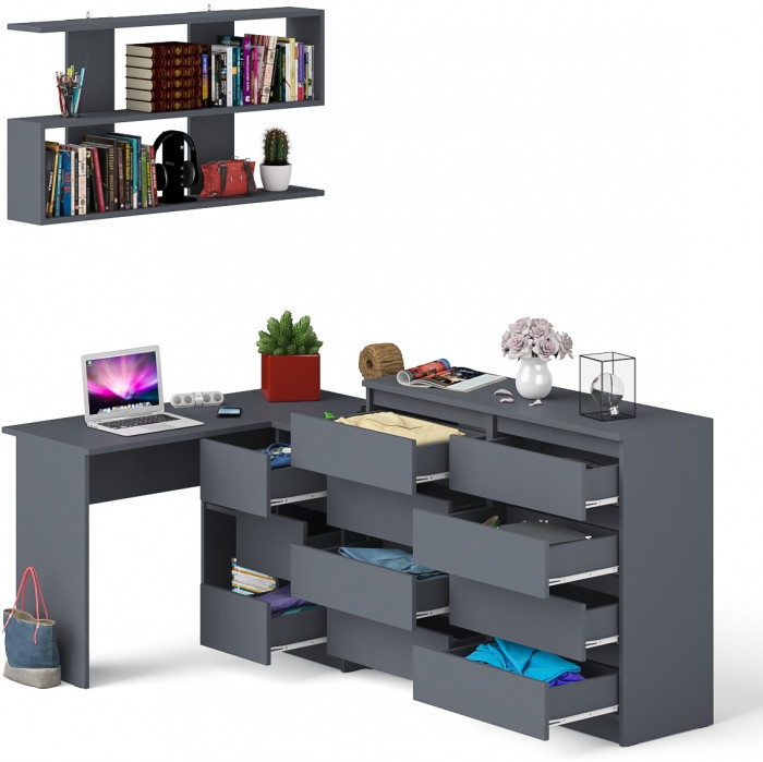 Мори компьютерный стол МС-16 правый + Комод МК1200.8 + Полка 1200, графит