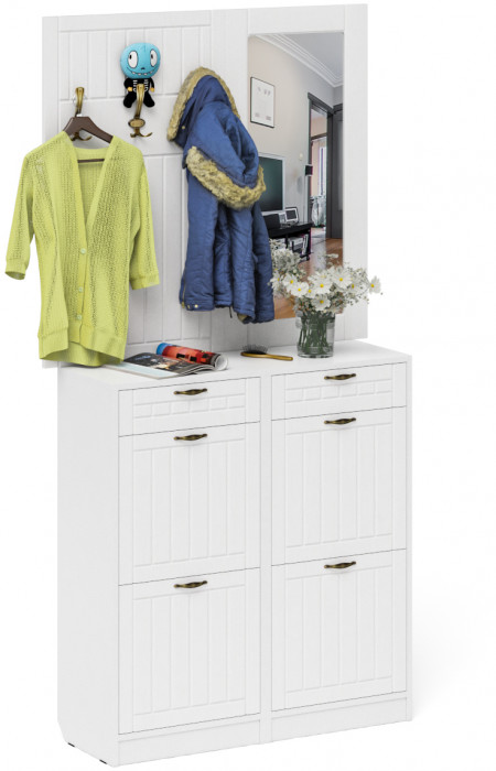 Прихожая П-6 Компоновка № 05, цвет белая шагрень/фасады МДФ белое дерево фрезеровка прованс, ШхГхВ 110х35х200 см.