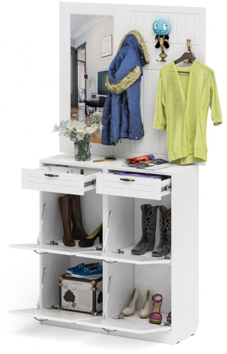 Прихожая П-6 Компоновка № 05, цвет белая шагрень/фасады МДФ белое дерево фрезеровка прованс, ШхГхВ 110х35х200 см.