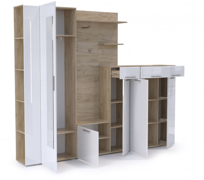 Лайн Прихожая № 11, дуб крафт серый/фасады МДФ белый глянец