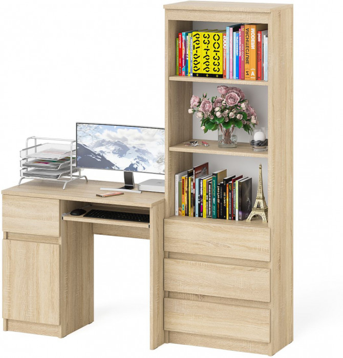Мори компьютерный стол МС-1 левый + Стеллаж МСТ600.3, дуб сонома