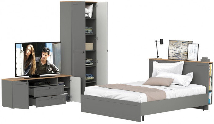 Остин 11.53 Кровать + ортопед + 16.307 Шкаф + 16.47 Тумба под ТВ, серый графит/дуб крафт золотой