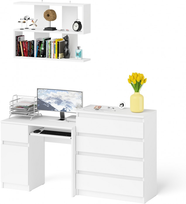 Мори компьютерный стол МС-1 левый + Комод МК800.4 + Полка 900, белый
