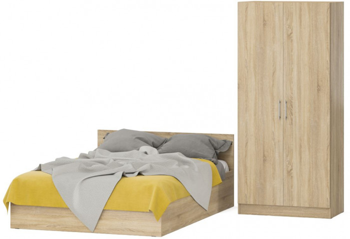 Кровать с ящиками 1400 + Шкаф 2-х створчатый Стандарт, цвет дуб сонома, ШхГхВ 143,5х203,5х70 + 90х52х200 см., сп.м. 1400х2000 мм., б/м, основание есть