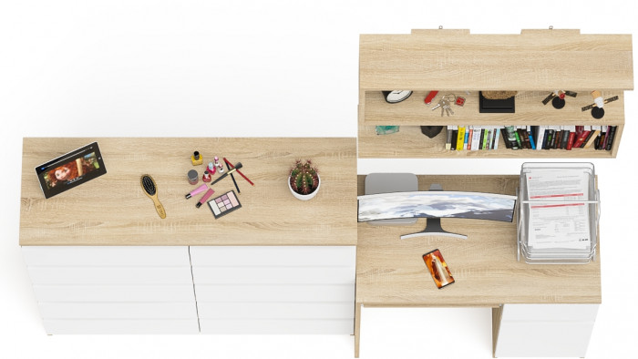 Мори компьютерный стол МС-1 правый + Комод МК1200.10 + Полка 900, дуб сонома/белый