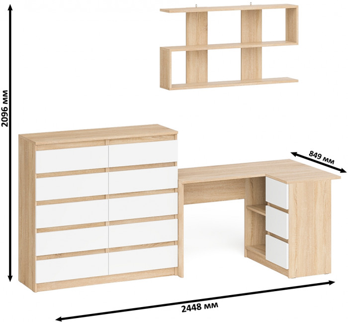 Мори компьютерный стол МС-16 правый + Комод МК1200.10 + Полка 1200, дуб сонома/белый