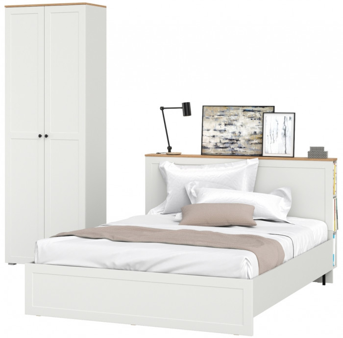 Остин 11.53 Кровать + ортопед + 16.307 Шкаф, белый шагрень/дуб крафт золотой