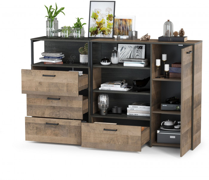 Трувор 13.307.01 Комод + 13.307.02 Комод с ящиками, цвет дуб гранж песочный/интра, ШхГхВ 175х37х106,9 см., универсальная сборка