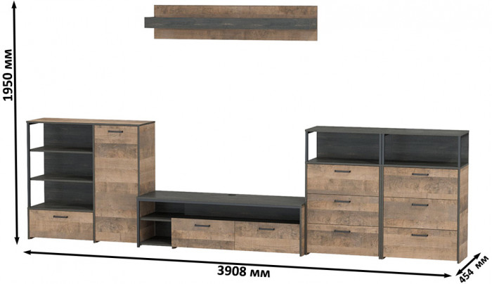 Трувор Гостиная 105, цвет дуб гранж песочный/интра, ШхГхВ 390,8х45,4х195 см., универсальная сборка